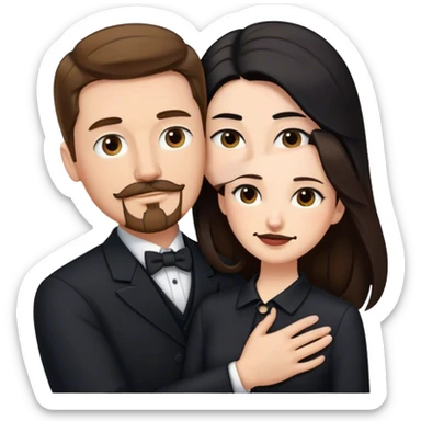 tall white man with brown hair goatee mustache hugging a pale woman with long black hair, wearing formal clothing sticker