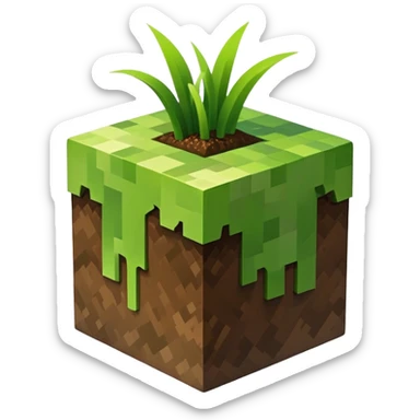 Minecraft grass block, square shape, brown and green, smooth sticker