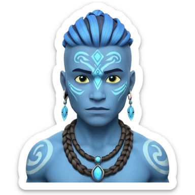 avatar-style Na’vi male portrait, head and shoulders only, blue skin, bioluminescent markings, strong face features, braided hair, tribal necklace, heroic expression, 3D cartoon, mobile game icon style, clean background, no text, no watermark
 sticker