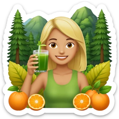 juice, colors yellow,orange,forest fruits, person, green juice sticker