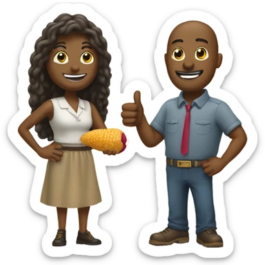 Man and woman standing next to a peanut that is  giving a thumbs up sticker