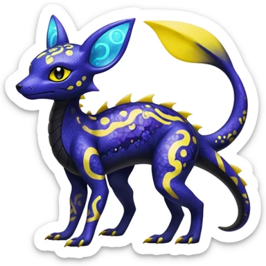 L Scaley Exotic Salandit-Aurorus-Umbreon-Fakémon-hybrid-creature (full body), 4 legs, with splash markings, with intricate details sticker