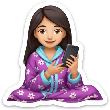 a pretty bratz fair indian girl covered in blanket, wearing pajamas, using phone sticker
