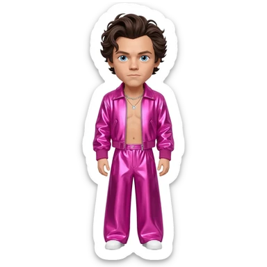 Harry Styles with blue eyes, dark brown hair, fuchsia metallic jacket, fuchsia metallic baggy pants, shirtless with necklace sticker