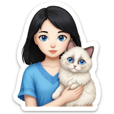 Asian girl with black hair holding a fluffy ragdoll cat with blue eyes and colorpoint fur sticker