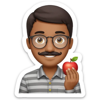 smiling young Pakistani shopkeeper, short dark hair, round eyeglasses, thick black mustache, light grey striped collared shirt, cheerful and welcoming expression, clean and rounded Apple emoji style, friendly vibe, clear facial features sticker