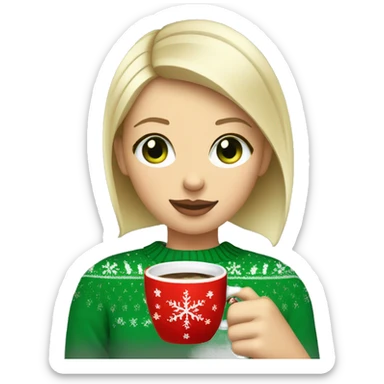 Short haired blonde girl with green eyes drinking coffee wearing Christmas sweater sticker