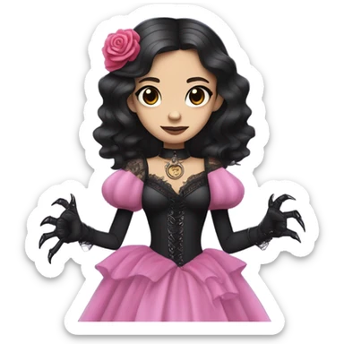standing flirty Lavish black evening gown with see-through gloves, Jenna Ortega as Addams woman wearing a steampunk mini tiara, very large blood pink evil-looking horned old dragon sticker