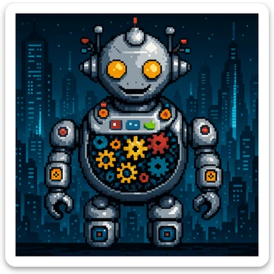 Add a futuristic city background, keep the robot with gears and data streams as the main subject, maintain pixel art style sticker