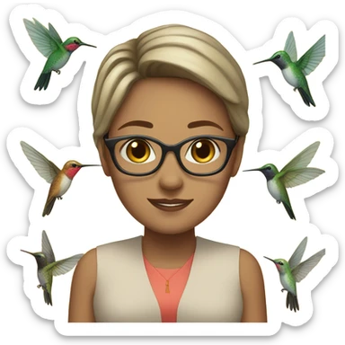 White girl  , brunette, with short hair, wearing glasses with a hummingbird next to her sticker