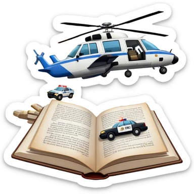 Icon for Action & Crime Reading: an open book with text, from which a police car is driving out along the pages, with explosions behind, a helicopter flying overhead, and a pistol with ammo and grenades in front. Transparent background. sticker