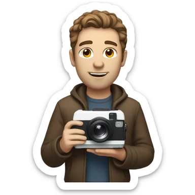 white man with brown hair holding a polaroid camera sticker