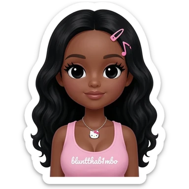 Long giant lashes, my melody hairclip, Doll faced shaped, hello kitty necklace, bimbo, black doll eyes, barbie, dark brown skin with long curls bl hair, light pink bimbo sleeveless shirt says "bluntthab1mbo", big breast sticker