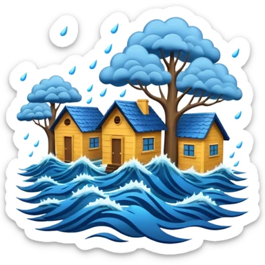 showing a flood disaster scene with powerful blue water waves carrying floating tree branches and wood pieces, small houses partially submerged, dark storm clouds above, heavy rain, realistic yet simple and clean emoji-style design sticker