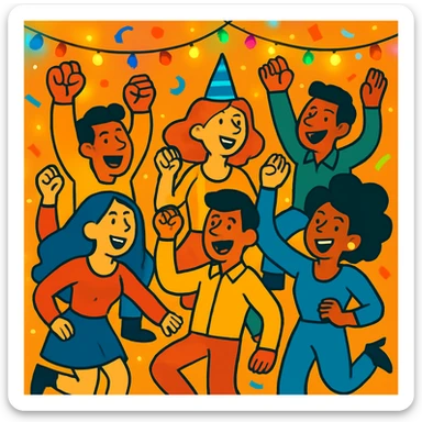 A new scene of party people jumping and cheering, vibrant cartoon style, with streamers and colorful lights. sticker