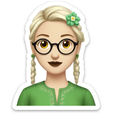 White girl in a green kurta with flower design, glasses, alot of piercing, gay, red lips, nose ring, full body, short straight black edgar hair, sticker