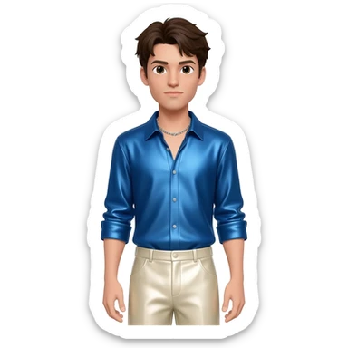 Jonathan Bailey with dark brown hair, blue metallic shirt, ivory metallic baggy pants, silver necklace sticker