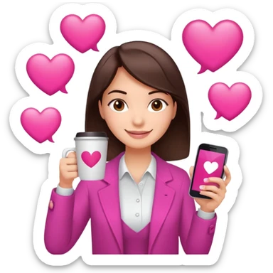 Social media manager. She has dark brown hair, brown eyes, a friendly smile. She is holding a smartphone and a coffee cup. Include subtle marketing elements like small icons of hashtags or a speech bubble with a heart, instagram logo. Use vibrant colors with a focus on pink and fuchsia tones. sticker