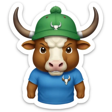 a bull wearing a green cap leveled WAGMI and wearing a blue t shirt and WAGMI designed with bulls skull and horn sticker