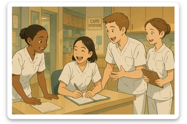 quatre étudiants infirmiers, d'après les photos, en pleine interaction dans un poste de soin, ambiance d'équipe, style Ghibli, uniformes blancs, tuniques à col en V, poche poitrine gauche, manches courtes, pas de col classique, ni stéthoscopes, ni tissus sous les manches, scène vivante et collaborative sticker