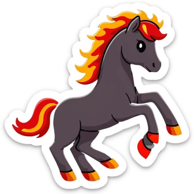 A red galloping horse composed entirely of fiery embers, magma flowing through its body, visible lava veins, flames burning along its mane and tail, with ash particles floating around it sticker