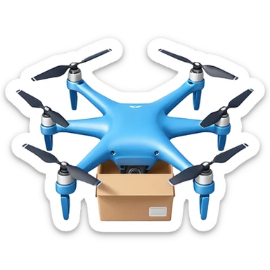 Delivery drone sticker, and blue texture on the body quadcopter carrying small package box, friendly design, simple flat vector style, soft shadow, white outline, transparent background sticker
