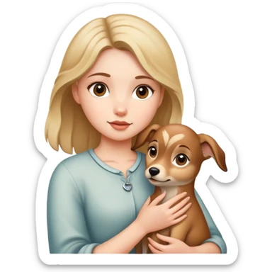 A girl holding a fawn dog sticker