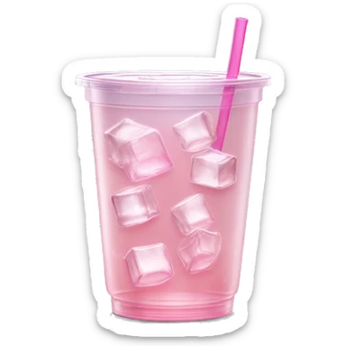 Realistic see through plastic cup and lid with half full Transluscent light pink soda,straw and large ice cubes inside. sticker
