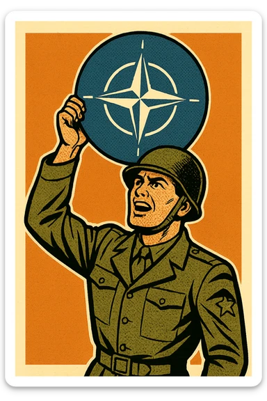 A 1940s American male soldier in uniform holding up a NATO emblem sticker