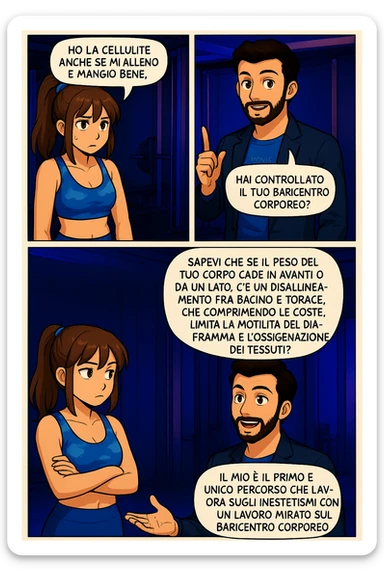 PRENDI SPUNTO DA QUESTO STILE FACENDO UN WEBTOON/MANGA:

LEI (DONNA): Ho la cellulite anche se mi alleno e mangio bene, cosa posso fare?

LUI (UOMO): Hai controllato il tuo baricentro corporeo?
LUI (UOMO): Sapevi che se il peso del tuo corpo cade in avanti o da un lato, c’è un disallineamento fra bacino e torace, che comprimendo le coste, limita la motilità del diaframma e l’ossigenazione dei tessuti?
LUI (UOMO): Il mio è il primo e unico percorso che lavora sugli inestetismi con un lavoro mirato sul baricentro corporeo. sticker