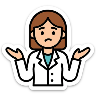 scientist woman shrugging, brunette hair, curious expression, lab coat, modern icon style sticker