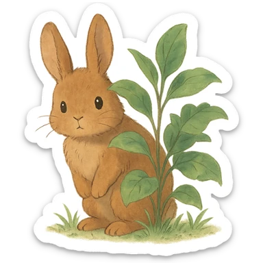 full-body cinnamon bunny peeking behind a plant in soft Ghibli style sticker