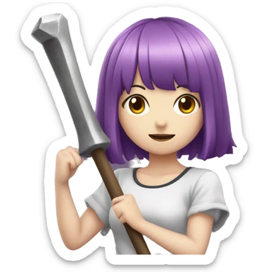 A anime girl with purple hair having a hammer with ban written on t sticker