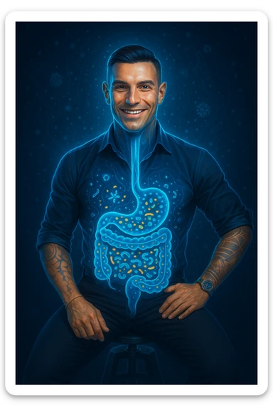 Radiant man with transparent digestive system showing diverse, thriving gut bacteria colonies in perfect balance, beneficial microorganisms glowing like constellation patterns throughout intestines, expression of optimal health and vitality, digestive tract functioning as harmonious ecosystem, immune system strengthened by microbial diversity, energy levels at peak performance sticker