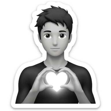 youthful male silhouette with glowing heart spark and flowing energy at fingertips, minimalist black or silver with soft dynamic motion sticker
