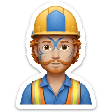 construction worker man ginger curly hair, blue helmet and heavy face tattoo sticker