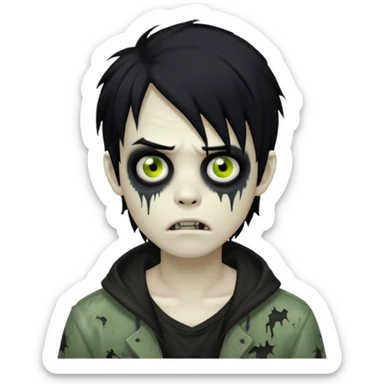 spooky boy zombie, medium-long black hair, emo and messy, creepy expression sticker