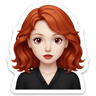 Sarah Blane from Summer of Fear with medium red wavy hair, white and red eyes, black outfit sticker