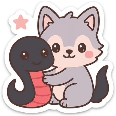 Make the snake larger, with a black body and red underbelly. The snake should be hugging the wolf back. Keep the kawaii style and ensure the background remains transparent. sticker