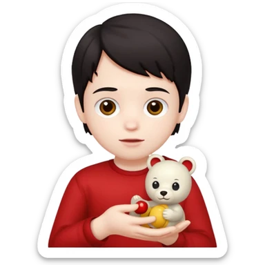 dark haired red wearing kid with small toy sticker