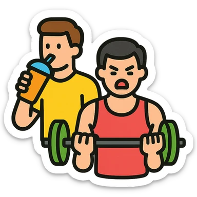 two men at the gym, one working out intensely, the other sipping a smoothie, icon style, clear contrast, simple and recognizable sticker