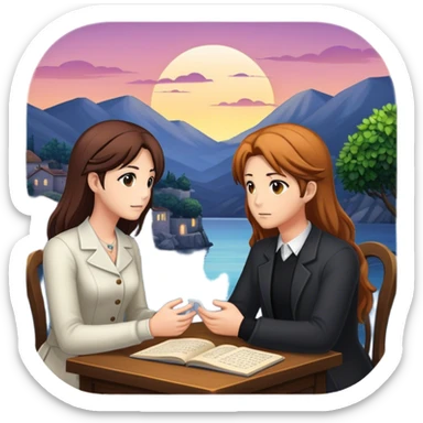 An icon representing a visual novel game, with a detailed background featuring a romantic or mysterious setting. Characters are in conversation, with dialogue boxes visible. The design captures the immersive storytelling and emotional depth of visual novels, set against a transparent background. sticker