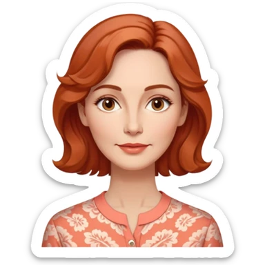 Middle-aged woman with elongated face, gentle structure, prominent cheekbones, warm expression, medium almond dark eyes, softly arched eyebrows, straight slender nose, friendly defined lips, reddish wavy hair with volume, wearing a coral-colored artistic-cut comfortable shirt sticker