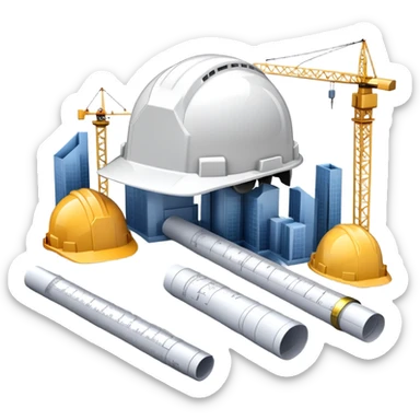 An icon featuring blueprints, a compass, and a construction helmet, symbolizing architecture and construction. The design includes building structures, cranes, and a ruler, representing the design and creation of buildings and urban planning. Transparent background. sticker