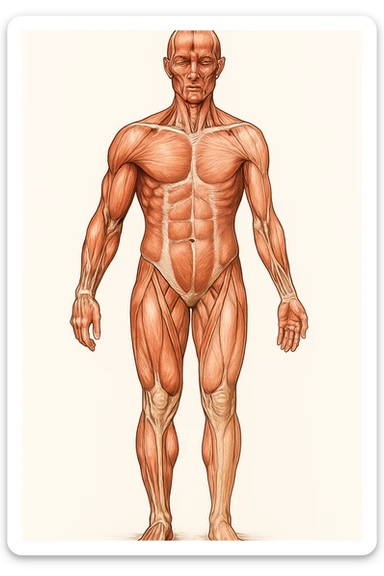 Anatomical style illustration showing a human body with muscles less developed on one side due to asymmetries, highlighting the muscular difference between the two sides, variant 3. sticker