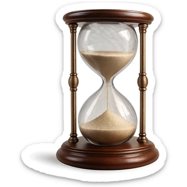 3D hyperrealistic hourglass, 4K render, glossy wooden base, fine sand inside, realistic lighting, transparent background sticker