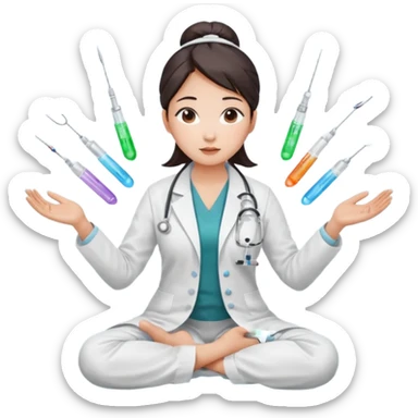 emoji of an asian woman with a single bun in a white lab coat sitting cross legged with micropipettes levitating in an arc around her head, the tips should be pointing away from her and she should not be wearing a steth escope sticker