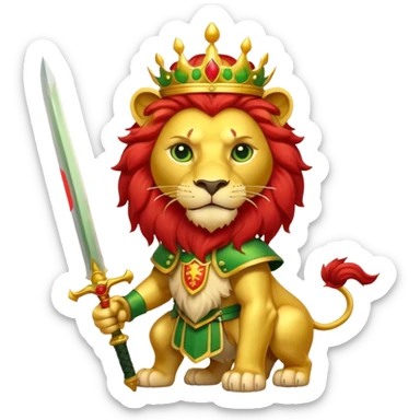 A lion with a sword and the sun on top of it and on the top green and bottom red sticker