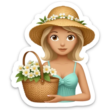 summer beautiful wicker hat, beach beige bag and bouquet of white flowers sticker