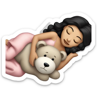 sleeping beauty dark black haired white girl with a silk pillow and a teddy bear sticker